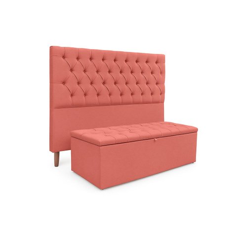 Kit Cabeceira com Baú Mirage Capitonê 195 cm Suede Rose - Biselo'S Decor