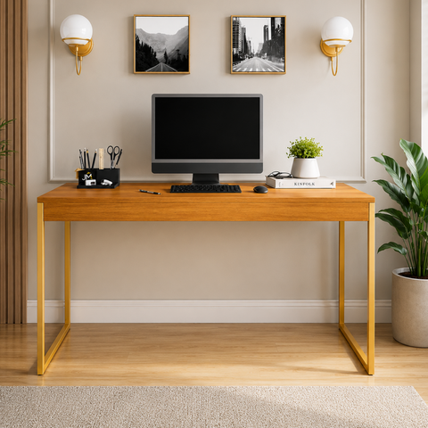 Mesa para Escritório em MDP com Pé de Ferro Diretor 90 cm - Freijó/Dourado