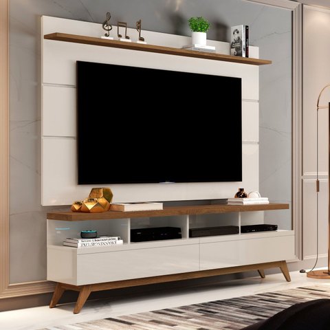 Rack com Painel para TV até 60 Polegadas MDF 160cmx194cm Pés em Madeira Maciça Vivare Bege Off White Freijó