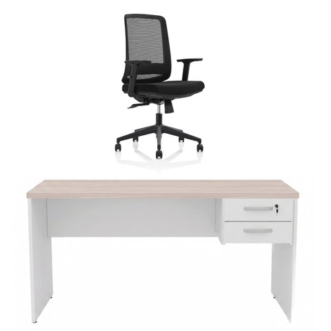 Conjunto Mesa de Escritório 160x60cm com Gaveta + Cadeira Netflex Ergonômica Premium