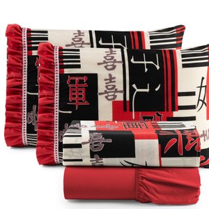 Jogo de Cama Lençol Casal 3 Peças 100% Algodão Percal 180 Fios Babadinho:Oriental Vermelho