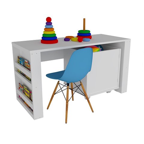 Rack com Baú Porta Carrinhos e Livreiro Caleb + Cadeira Eiffel Azul 100% Mdf Woodcore