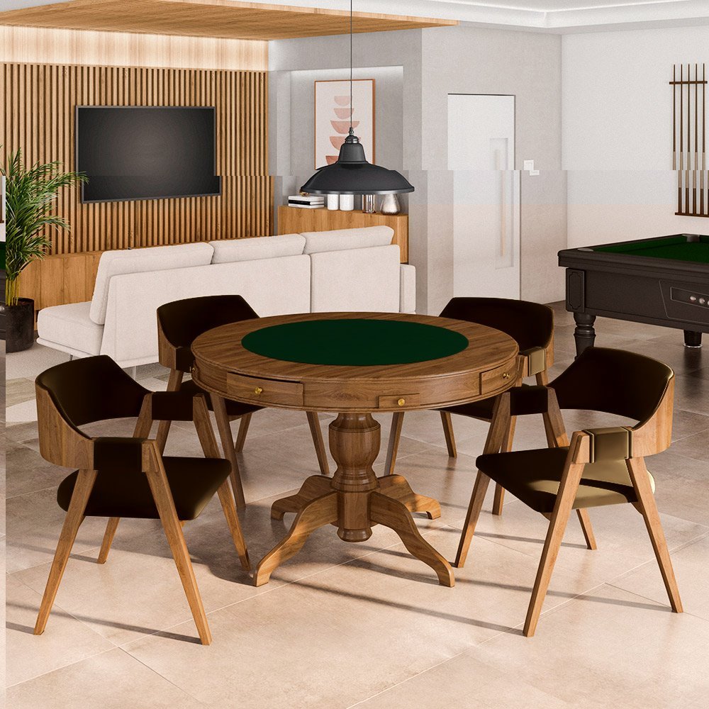Conjunto Mesa de Jogos Carteado Bellagio Tampo Reversível e 4 Cadeiras Madeira Poker Base Estrela Ve