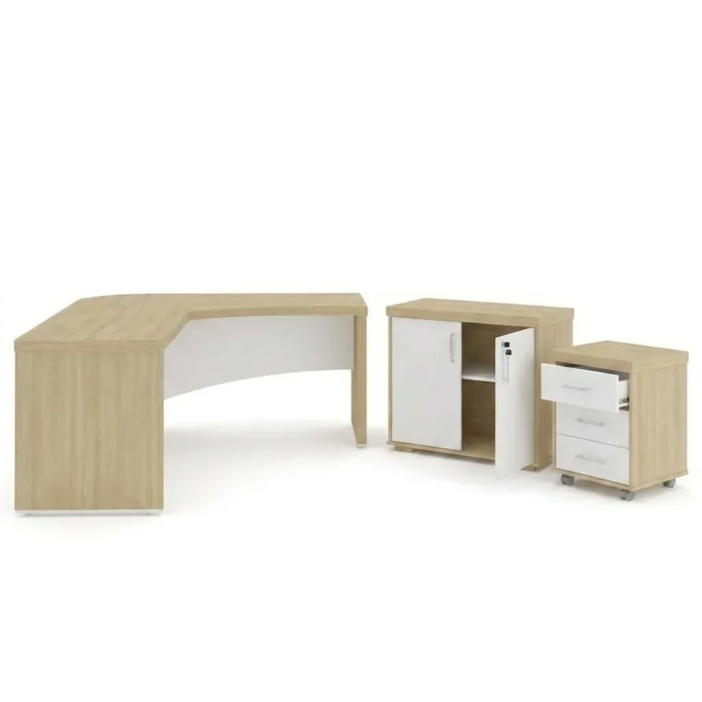 Ver imagem 3 de Conjunto 3 Peças com Mesa para Escritório Diretor em L Tamburato, Armário Baixo e Gaveteiro com Chave Carvalho Branco Artany