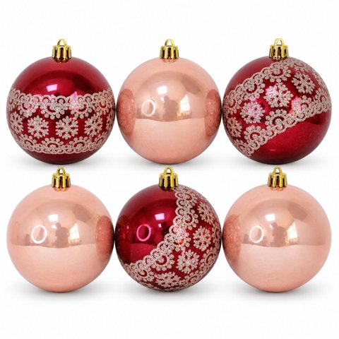 Kit 6 Bolas de Natal Decoradas 8cm Siena e Grená com Glitter