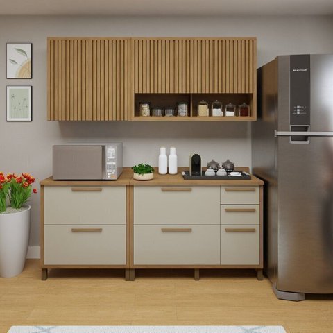 Cozinha Completa Modulada Torino com 2 Balcões e 2 Aéreos Bege/Cinamomo/Off White