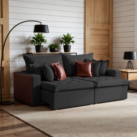 Sofá Cama Retrátil 3 Lugares Linho Siena 200cm Preto