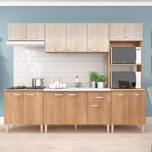 Cozinha Modulada Max 262x195 Cm Balcão Pia Armário Nicho Forno/Micro MDP Carvalho Blanche - ClickLar