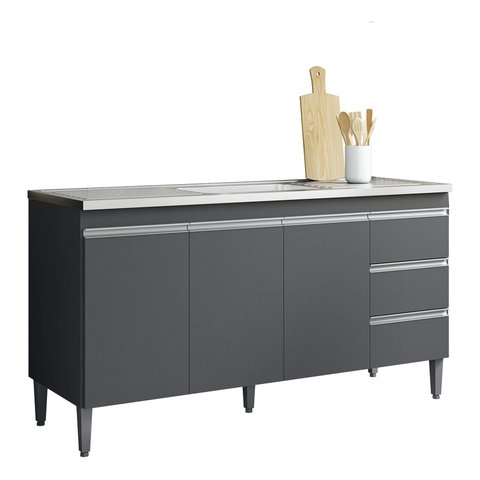 Balcão Armário Gabinete para Pia Andreia S/tampo 150cm 3 Portas 3 Gavetas Cinza Fosco - Ajl Móveis B