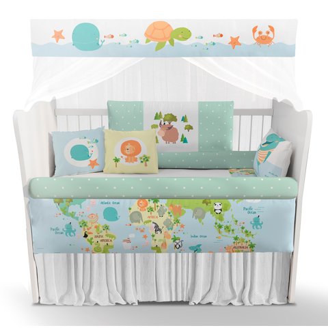 Kit Berço Enxoval de Bebê Safari Mapa Mundi Azul