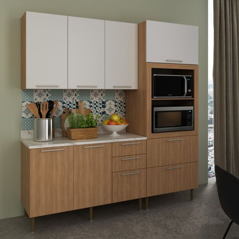 Armário de Cozinha Modulada com Torre Quente Balcão Tampo Freijó Branco 4 Peças Cz3100