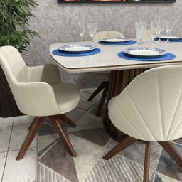 Sala de Jantar Mesa Esmeralda Com 6 Cadeiras Turim Giratórias (2 com Braços) D'Confort Design Linho  - 4