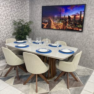 Sala de Jantar Mesa Esmeralda Com 6 Cadeiras Turim Giratórias (2 com Braços) D'Confort Design Linho 