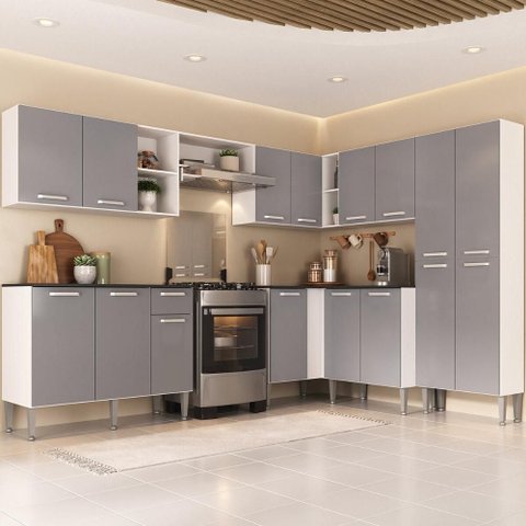 Armário Cozinha Modulada Completa de Canto 432,5cm Pequim Pop Multimóveis Mp3773 Branco/lacca Fum