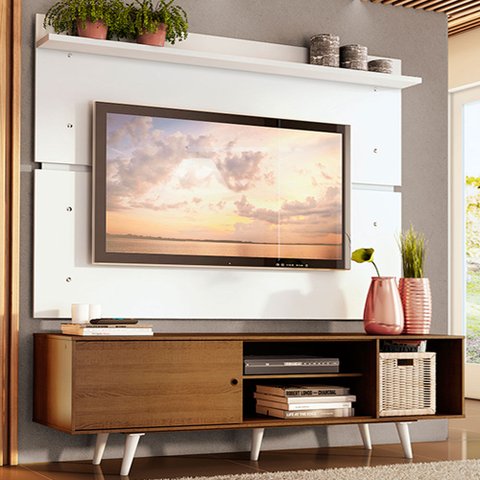 Rack Madesa Dubai e Painel para TV até 65 Polegadas com Pés Rustic/Branco 5Z09 Cor:Rustic/Branco