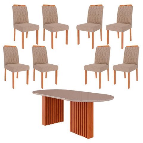 Sala de Jantar Mesa Ester Oval 210 com 8 Cadeiras Paola Wood Cinamomo/off White/madeira/linho Bege