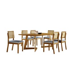 Conjunto Sala de Jantar 6 Lugares Linha Premium Mesa e Cadeiras Madeira Maciça Encosto Rattan - 2