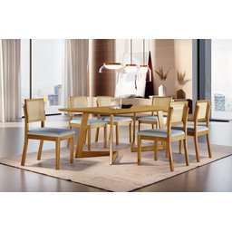 Conjunto Sala de Jantar 6 Lugares Linha Premium Mesa e Cadeiras Madeira Maciça Encosto Rattan - 1