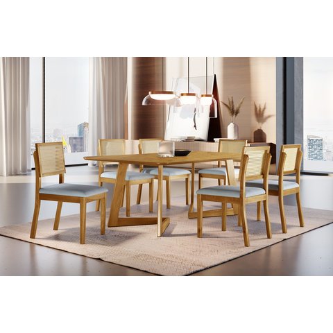 Conjunto Sala de Jantar 6 Lugares Linha Premium Mesa e Cadeiras Madeira Maciça Encosto Rattan