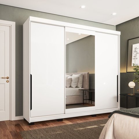 Guarda-Roupa Casal 3 Portas Correr com Espelho Madrid Branco