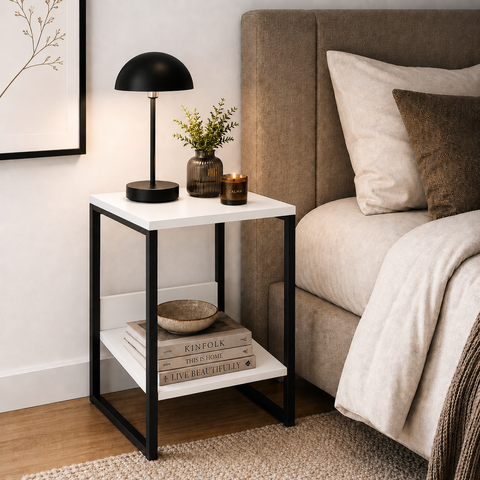 Mesa Cabeceira de Cama Criado Industrial Base de Ferro Preto Tampo Branco
