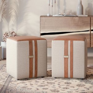 Puff Domus Quadrado com Detalhe em Couro Moderno para Sala ou Quarto - Bege