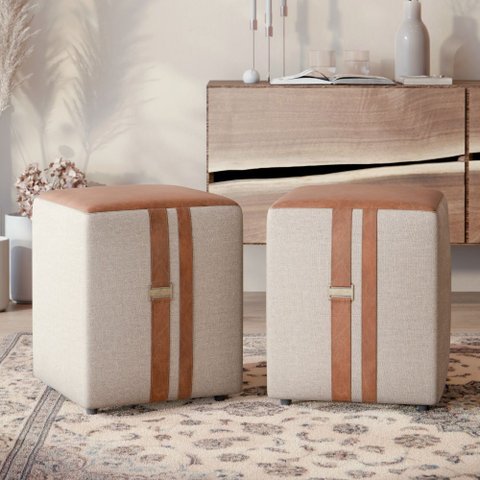 Puff Domus Quadrado com Detalhe em Couro Moderno para Sala ou Quarto - Bege