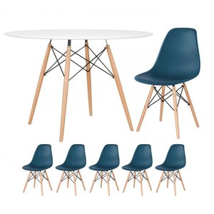 KIT - Mesa redonda Eames 120 cm branco + 5 cadeiras Eiffel DSW Azul petróleo