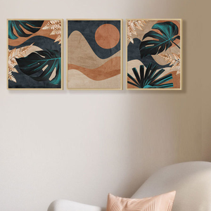 Kit 3 Quadros Decorativos Folhagem Abstrato Moderno Sala de Jantar Escritório Moldura Caixa