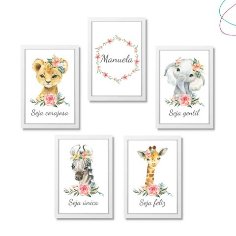 Kit 5 Quadros Decorativos Safari Baby Aquarela Menina:branca