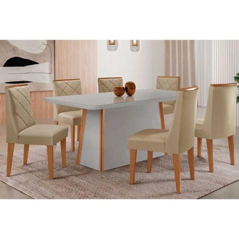 Conjunto Sala de Jantar Tilia C/ Tampo Madeirado C/ Vidro Canto Curvo 180x90cm e 6 Cadeiras Pietá