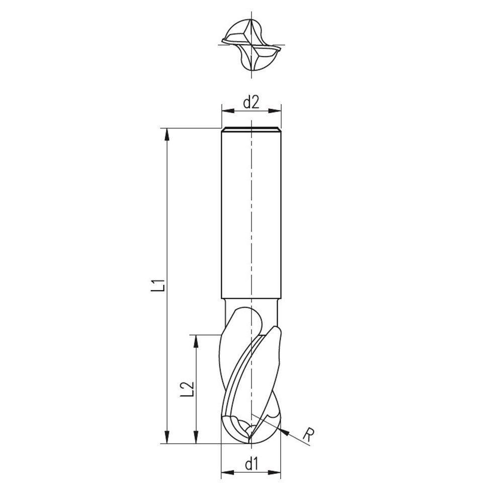 Fresa de Topo Esférico Haste Cilíndrica - 16x8x19x79x16x2 - Din 327 - 6