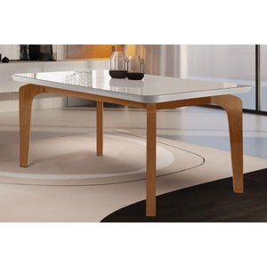 Mesa de Sala Jantar Londrina + Tampo Madeirado Vidro Curvo 180x90cm Off White/Imbuia-Vidro Off White