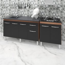 Armário Cozinha Gabinete Pia De 140 cm Camile Com Balcão Cooktop 4 Bocas Savana Frente Preta Jade - 2