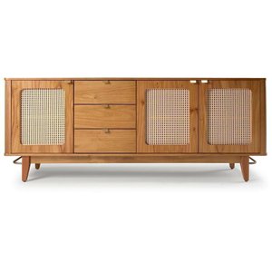Balcão Buffet de Madeira Maciça 3 Gavetas e 3 Portas com Tela Rattan Natural Prime Wood:carvalho
