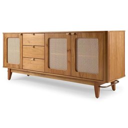 Balcão Buffet de Madeira Maciça 3 Gavetas e 3 Portas com Tela Rattan Natural Prime Wood:carvalho - 2