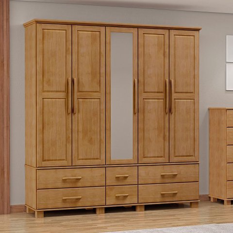 Guarda Roupa Bipartido 5 Portas e 6 Gavetas Linha Ouro Madeira Maciça 2253fn Freijó Finestra