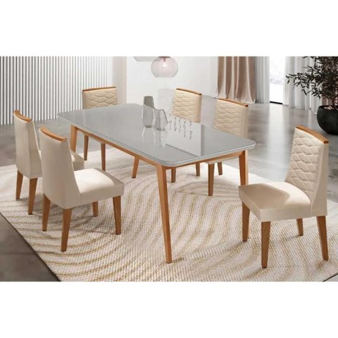 Conjunto: Mesa Sala Jantar Havana Tampo c/ Vidro Curvo 180cm+6 Cadeiras Maldivas Madeira Naturale/