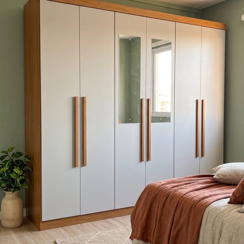 Guarda Roupa Casal 6 Portas 2 Gavetas com Cabideiro e Prateleiras 180x205x47cm Off White/Cinamomo