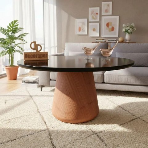 Mesa de Centro com Vidro 70cm e Base Cone Envernizada Redondo MDF Madeira 70cm Preto