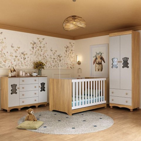 Quarto de Bebê Completo com Berço Americano 3 em 1 Ternura Multimóveis Mp4659 Madeirado/off White