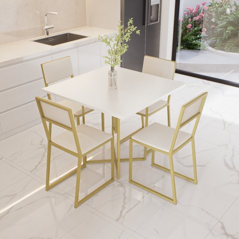 Conjunto Mesa de Jantar Quadrada Branca 4 Cadeiras Estofado Riviera Industrial Dourado Don Castro de
