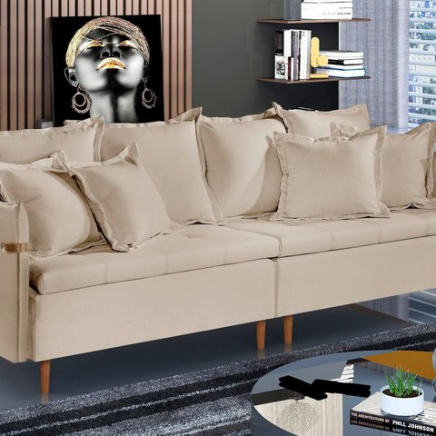 Sofá Living 4 Lugares Linho 240cm Bege Atlas