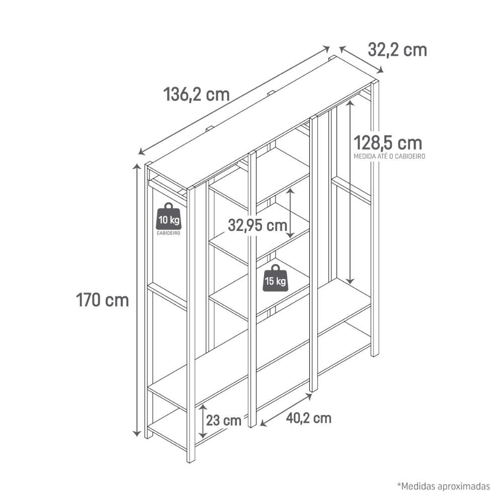Estante Armário Expositor para Quarto Roupas Closet C Cabideiro e Prateleira em Madeira - 3