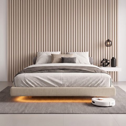 Cama Box Casal Osaka Flutuante Estilo Japonesa 138x188 Base Estofada Linho Bege - Desk Design