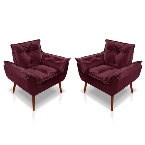 Kit 2 Poltronas Opala Decorativa P- Sala, Quarto e Recepção Suede - Lm Decor Vermelho Bordô