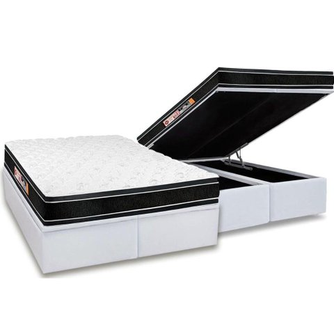 Cama Box Baú King: Colchão Espuma D33 Castor Black e White Double Face + Base CRC Courano White(