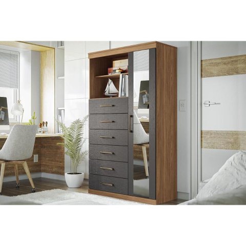 Cômoda de Quarto Marabá 1.6 c/ 1 Porta 2 Nichos e 6 Gavetas c/ Espelho Jatoba/Grafitte - Santos