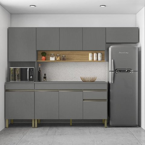 Armário de Cozinha Completa 150 com Balcão com Tampo 9 Portas Line - Freijó/gris
