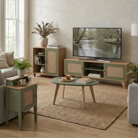 Conjunto Charlotte 180cm Retrô Tv 75" 4 Peças Carvalho / Menta